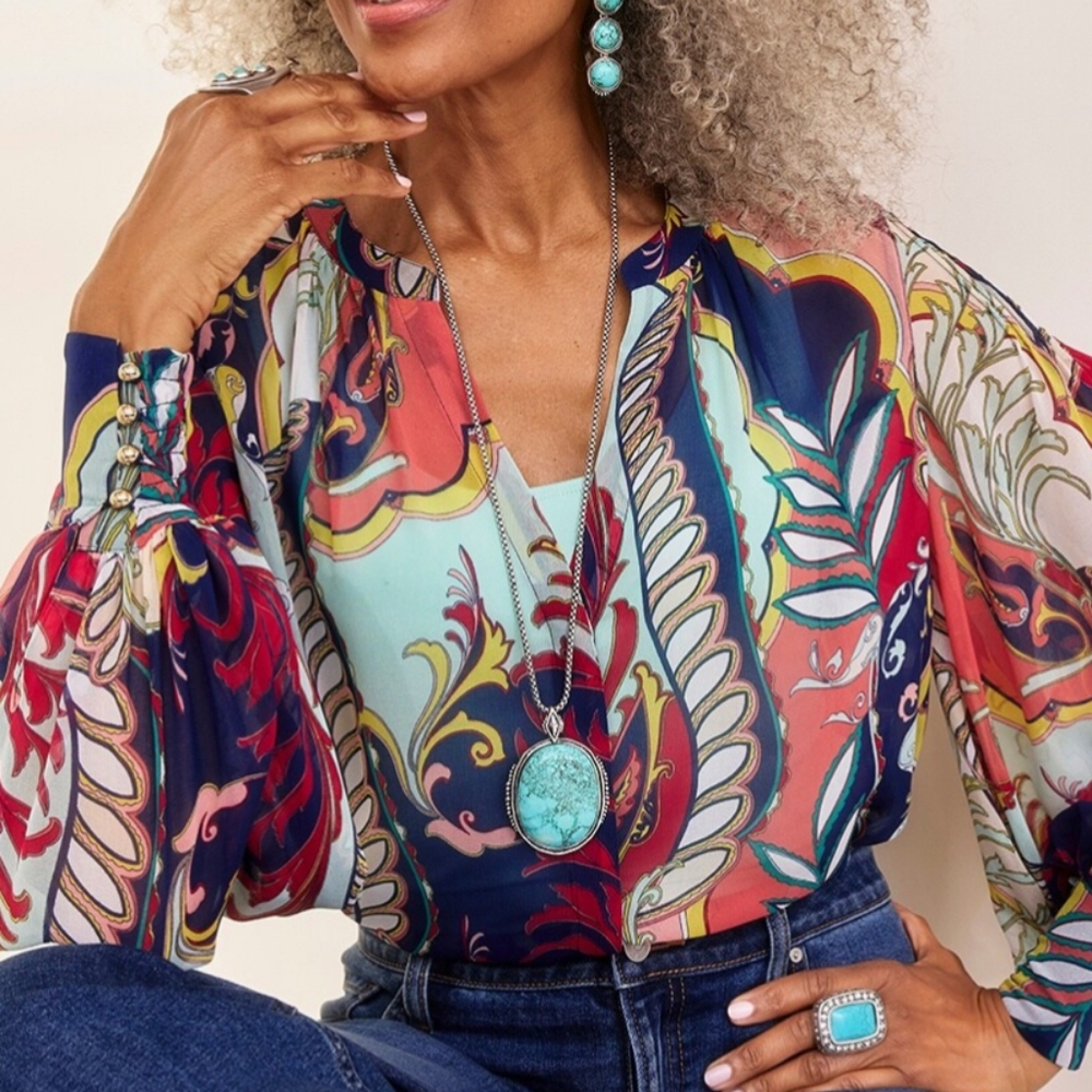 Chico's Sheer abstract Colors top navy blue turquoise rust red